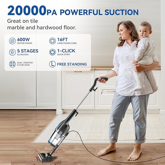 Vazone R6X Corded Stick Vacuum Cleaners for Home 20Kpa Powerful Suction Stick Vacuum with 16Ft Cord 2 in 1 Lightweight Handheld Vacuum Cleaner for Hardwood Floor Pet Hair (Navy)