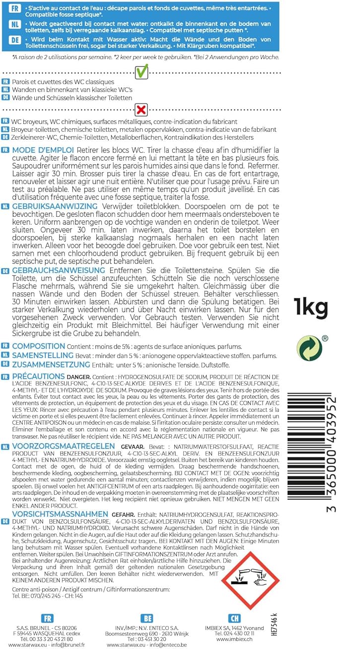 STARWAX - Toilet Descaler Cleaner Active Powder - Especially for Stubborn Residues - Renews Wall and Base of Toilet Bowl - Effective Even Underwater - Suitable for Septic Tanks - 1 kg