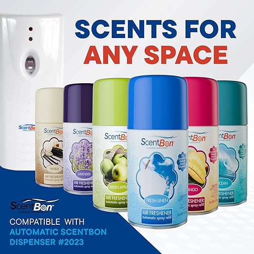 ScentBon Air Freshener Refill Metered Aerosol Can Cinnamon Fresh Linen Green Apple Mango Ocean Vanilla Pack of 12 (12 Green - Green Apple Scent)