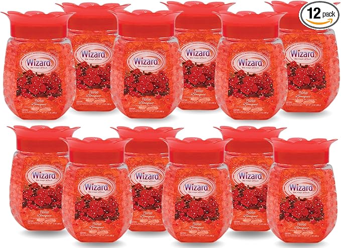 WIZARD Odor Eliminator Gel Beads - 12 oz Pack of 12 - Air Freshners For Bathroom. Rooms Per Areas and Car Freshner (ROSE BOUQUT)