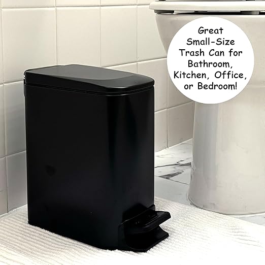 Homie Soft Close Slim Trash Can 6 Liter / 1.6 Gallon with Anti - Bag Slip Liner and Lid Use as Mini Garbage Basket Slim Dust Bin or Decor in Bathroom Restroom Kitchen or Bedroom (Matte Black)