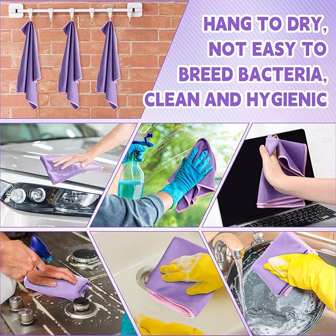 Maxcheck 24 Pack Magic Cleaning Cloth 16 x 16 Inch Microfiber Glass Cleaning Cloths Reusable Lint Free Microfiber Towels for Kitchen Dish Windows Mirror Glass Car(Purple)