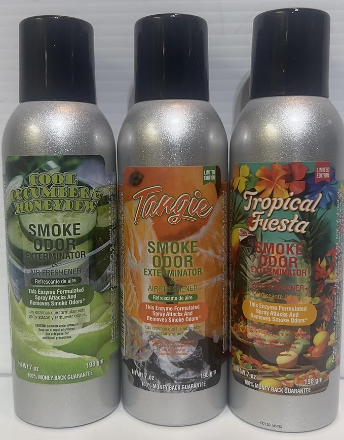 Smoke Odor Exterminator 198 gm/ 7 oz Large Spray Cool cucumber &amp Honeydew Melon Tropical Fiesta &amp Tangie Set of Three Cans.