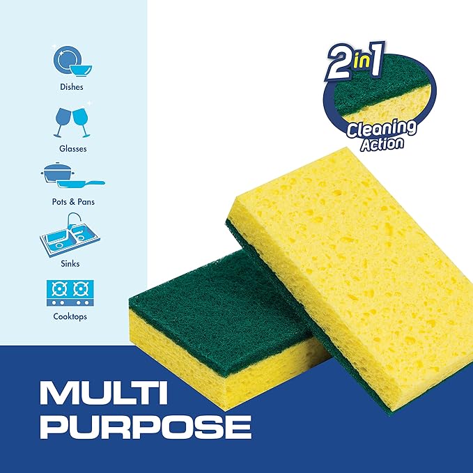 SCRUBIT 48 Pack Heavy Duty Scrub Sponges - Dishwashing Sponge Along with A Tough Scouring Pad - Dual Sided Dish Sponge Ideal for Cleaning Kitchen Dishes Bathroom - Yellow - Bulk sponges