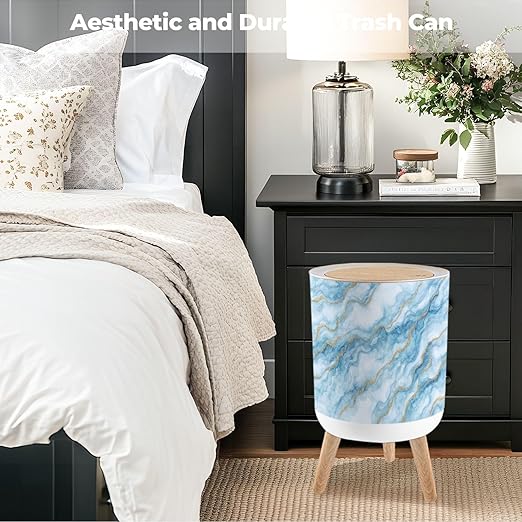 Bathroom Trash Can with Lid Abstract White Blue Marble Gold Glitter Veins Fake Stone Texture Garbage Bin Waste Basket for Kitchen Office Bedroom Decoration Diaper Pail 1.8 Gallon