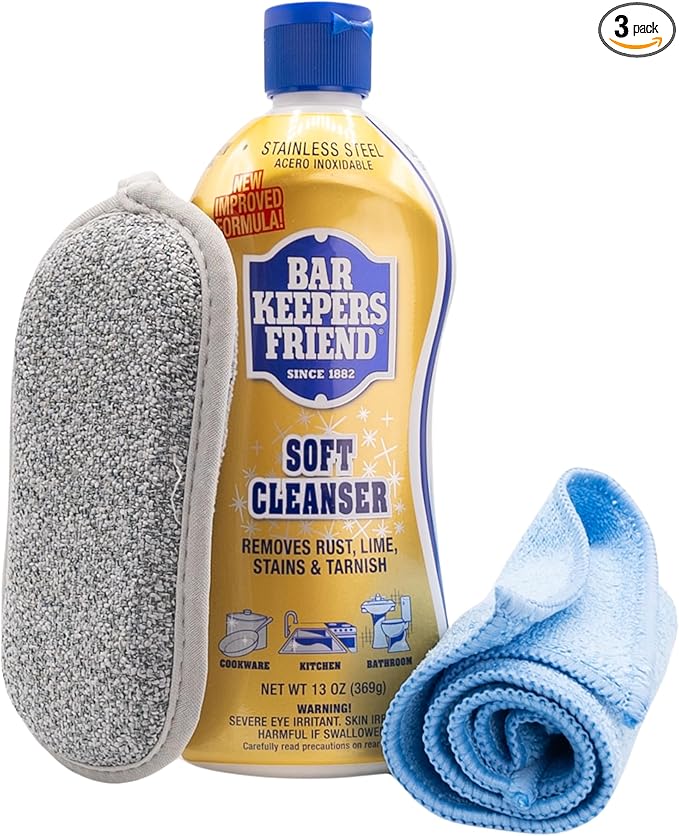 Arsta Home Bundle - Bar's Friend Cleanser &amp Polish 13oz Stainless Steel Cleaner for Pots and Pans Cooktops Hard Water Kitchen Bathroom with Microfiber Towel &amp Scouring Pad