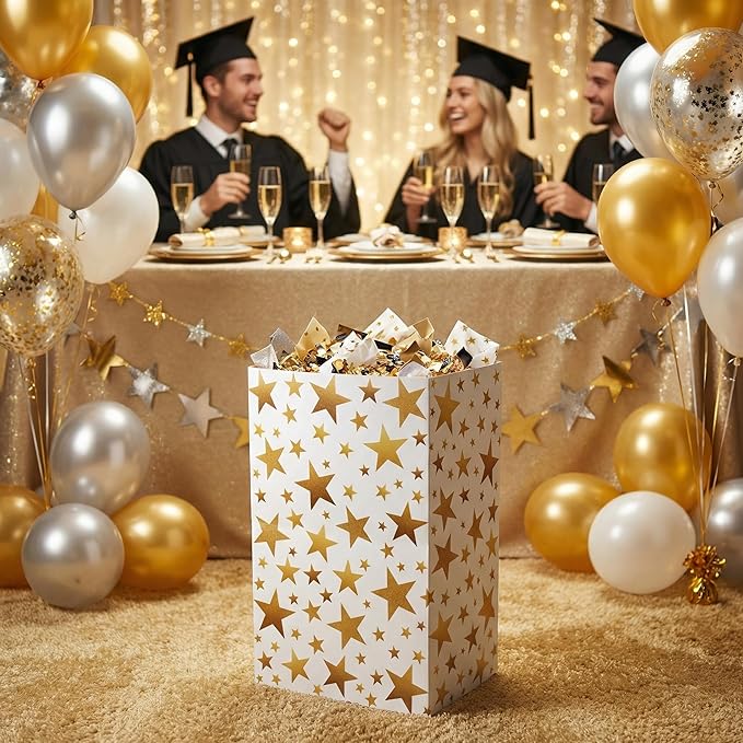Tinlade 6 Pack 13 Gallon Gold Star Disposable Trash Cans Extra Large Thickened Waterproof Reusable Garbage Bins Foldable Pop up Recycling Bins for Graduation Holiday Party School Gatherings