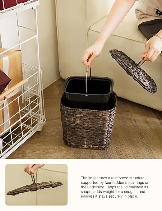 Wicker Waste Basket - Wicker Trash Can with Lid - Water Hyacinth Bathroom Garbage Can with a Lid - Bathroom Trash Can Boho Style - Removable Liner Iron Frame (Black 2 Gallons)