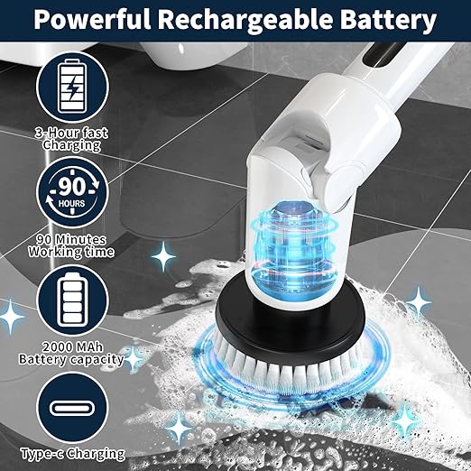 Electric Spin Scrubber - Cordless Cleaning Brush with Digital Display 2 Speeds 8 Brush Heads IPX7 Waterproof Adjustable Long Handle for Bathroom Tub Tile Shower and Car