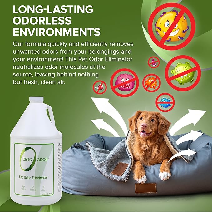 Zero Odor - Pet Odor Eliminator for strong odor Eliminate Air &amp Surface Odors – Patented Molecular Technology Best For Carpet Furniture Beds Smell Great Again (128 Ounces)