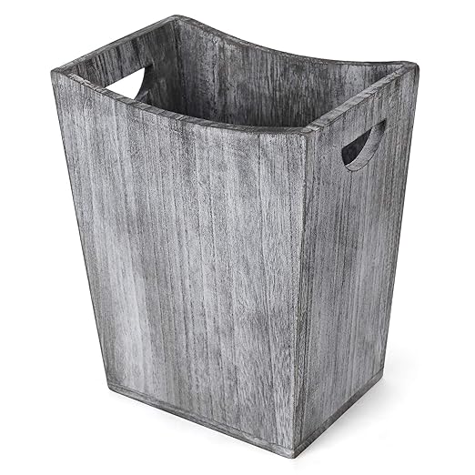 BTY Farmhouse Wooden Trash Can Small Square Wastebasket Garbage Container Bin Holder Rustic Torched Home Kitchen Office Trash Cans with Handle for Living Room Dorm - Gray Green