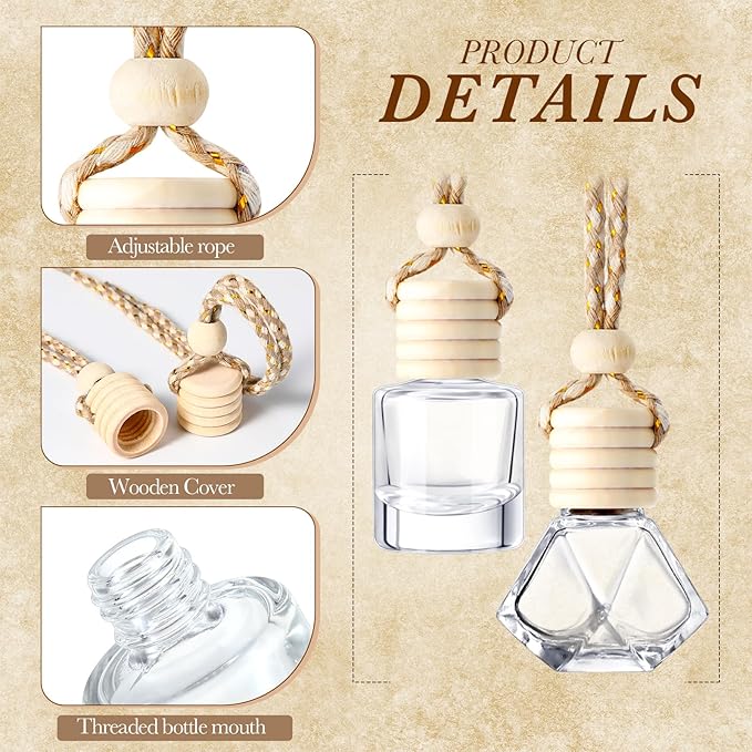 BBTO 200 Pcs Hanging Car Diffuser Bottle Bulk Empty Clear Glass Perfume Bottles Air Freshener Pendant for Essential Oils Fragrance Aromatherapy Car Interior (Diamond Cylinder)