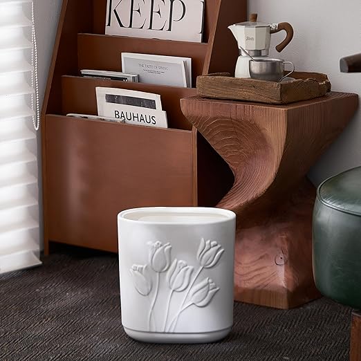 White Ceramic Tulips Small Bathroom Trash Can 2.6 Gal (10 Liter) - Heavy &amp Decorative Garbage Bin for Bathroom Kitchen Office Bedroom &amp Living Room Corner