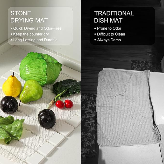 Large Stone Drying Mat for Kitchen Counter 24''L x 16''W Diatomaceous Earth Collapsible Dish Drying Mat Quick Drying Mat Glasses and Flatware Matches Any Countertop (Dark Gray 24'' x 16'')