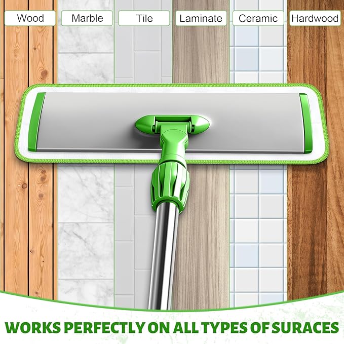 17.7 Microfiber Mop for Floor Cleaning 59in Long Adjustable Stainless Steel Handle 360° Rotating Large Flat Mops 4 Washable Pads for Dry &amp Wet Cleaning for Hardwood Vinyl Laminate Green