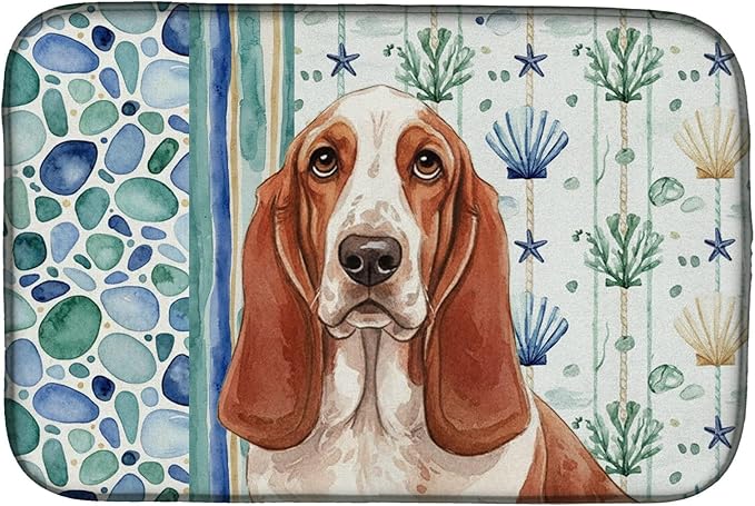 Caroline's Treasures Red and White Basset Hound Coastal Sea Glass Dish Drying Mat Absorbent Dish Drying Mat Pad for Kitchen Counter Dish Drainer Mat for Countertop 14 x 21 Multicolor
