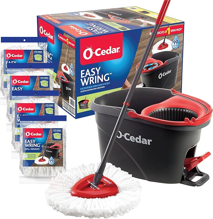O-Cedar Easywring Microfiber Spin Mop &amp Bucket Floor Cleaning System with 4 Extra Refills