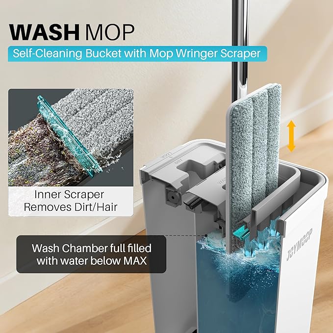 JOYMOOP Hands-Free Self-Cleaning Microfiber Mop and Bucket with Wringer Set for Home Mops for Floor Cleaning and Wall Cleaner Hardwood Tile Laminate Vinyl Floors Smooth Walls and Glass Windows