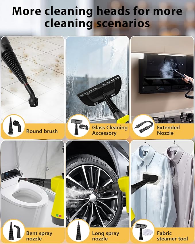 Steam Cleaner - Handheld Steam Cleaner with 12Pcs Accessories &amp Safety Lock Pressurized Handheld Steam Cleaner for Home Tile Windows Bathrooms Kitchens Grease Car Yellow