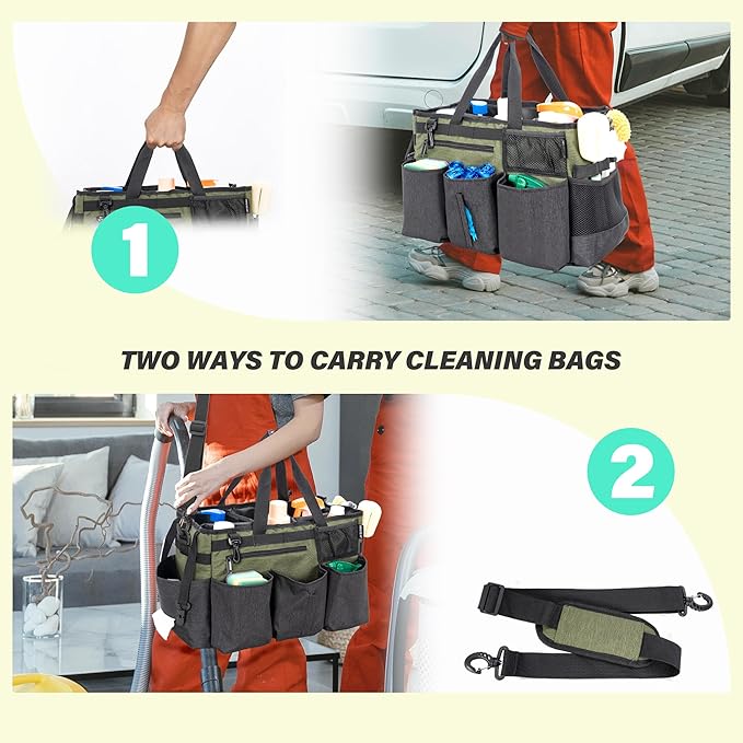 Wearable Cleaning Caddy Bag for Cleaning SuppliesLarge Capacity Cleaning Organizer Green