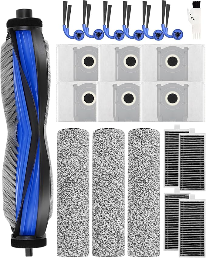 X9 Pro Omni Accessories Kit for Ecovacs Deebot T80S Omni/X9 Pro Omni/Yeedi S16 PlusRobot Vacuum Cleaner 21 PCS Replacement Parts: 1 Main Brush 3 Roller Mops 6 Side Brushes4 Filters 6 Dust Bags