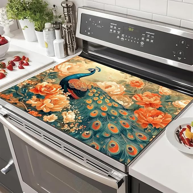 Stove Top Cover for Electric Stove 28x20 Inch Diatomite Dish Drying Mat Glass Top Burner Protector Kitchen Counter Mat Peacock Kitchen Decor Stove Pad Stove Top Mat