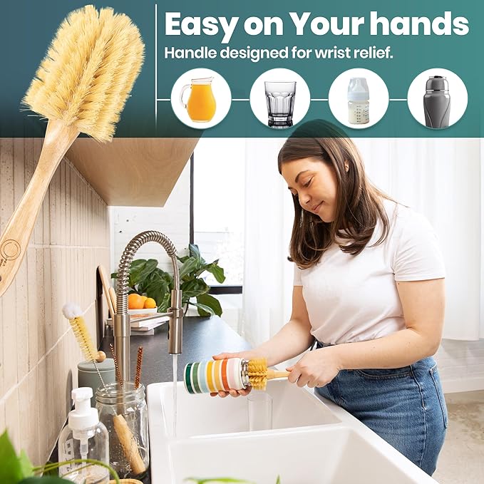 Bottle Brush Set - Ergonomic &amp Plastic Free Bamboo Bottle Brush All in One Bottle And Straw Brush Cleaning Set Sturdy Eco Friendly Water Bottle Cleaner Brush Set Great Baby Bottle Cleaner Brush