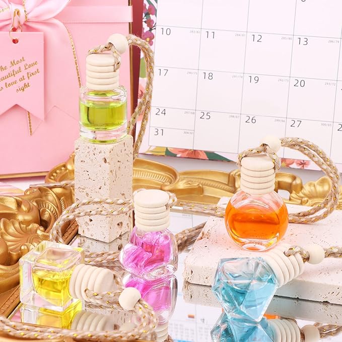 50Pcs 8ml&amp6ml Hanging Car Air Freshener Diffuser Empty Clear Glass Essential Diffuser Oil Aromatherapy Fragrance Perfume Pendant Glass Vials with Wooden Caps Car Diffuser Air Freshener