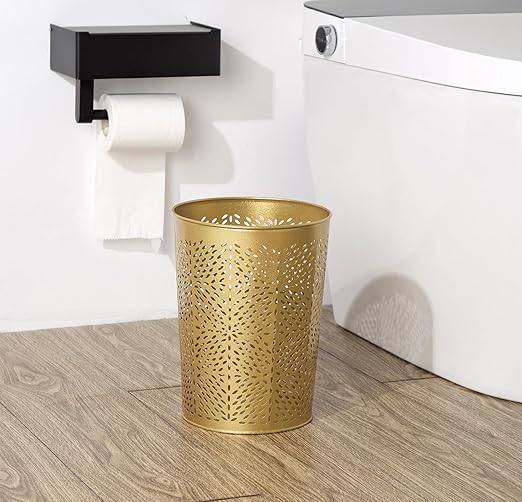 Small Gold Metal Trash Can Wastebasket Decorative Hollow-Out Garbage Can Waste Paper Bin Modern Farmhouse Round Trash Bin for Bathroom Bedroom Kitchen and Office (Floral)