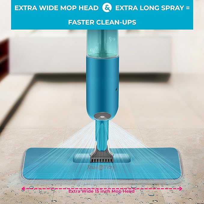 True &amp Tidy® SPRAY-250 Multi-Surface Spray Mop with Refillable Water Bottle for Floor Cleaning Works on Wood Tile Marble etc Use Any Cleaning Solution Machine Washable Microfiber Mop Pads Bl