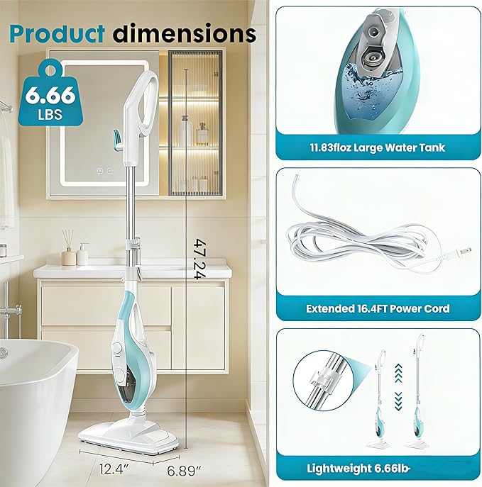 Simple Deluxe 10-in-1 Steam Mop 1550W Detachable Handheld Steam Cleaner with 16FT Cord &amp 2 Pads Multi-Surface Floor Steamer for Hardwood Tile Carpet Windows Green