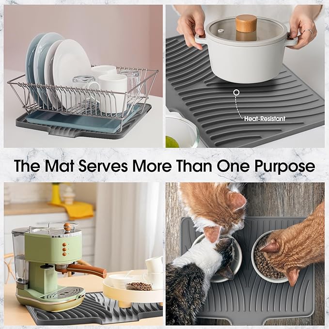 Extra Large Silicone Dish Drying Mat For Kitchen Counter Drying Pad 23.6 x 19 Inch Rubber Dish Drainer Mat with Drain Lip for Sink Drawer Liner(Grey)