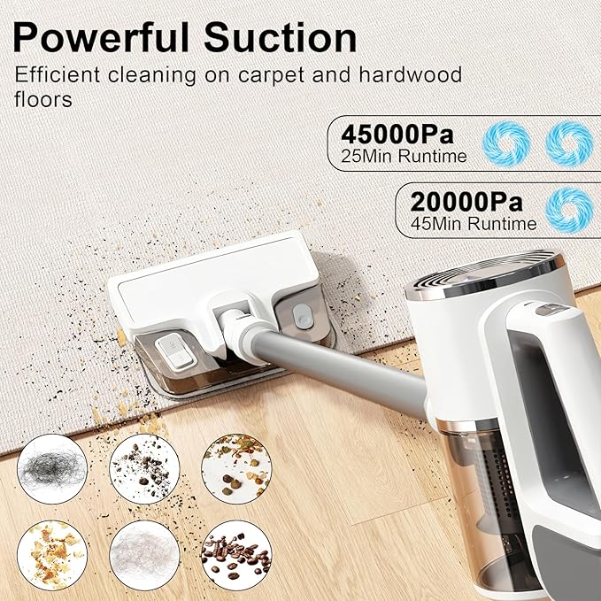 Wet Dry Vacuum Cleaner3-in-1 Cordless Vacuum and Mop Combo45Mins Runtime Vacuum Cleaners45KPA Strong SuctionAnti-Tangle Brush Roll Removable water tank for Home/Pet Hair/Carpets/FloorsWhite