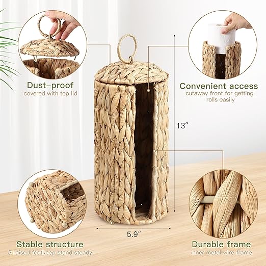 Wicker Waste Basket and Toilet Paper Holder 2.5 Gal Handwoven Water Hyacinth Trash Can with Lid Garbage Bin Toilet Paper Storage Woven Rustic Decorative for Bedroom Bathroom Office Living Room