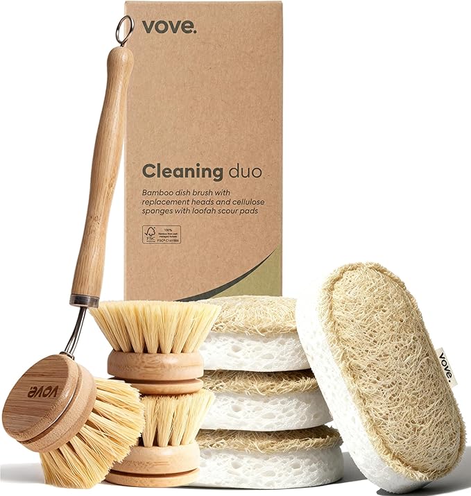 Vove Cleaning Duo Bamboo Dish Brush Set and Natural Dish Sponges FSC-Certified Bamboo Sisal Loofah Cellulose Plastic-Free Eco-Friendly Zero-Waste Kitchen Dish Scrubber Set