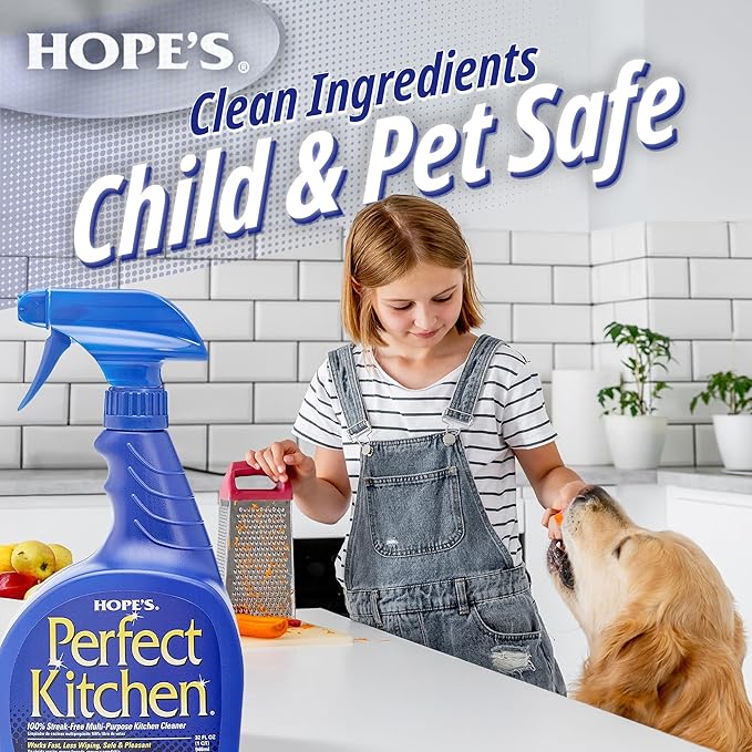 HOPE'S Perfect Kitchen Cleaner Spray - 32 Oz No-Residue All Purpose Cleaning Spray - Multisurface Degreaser for Counters Stoves Microwaves and More - Pet and Home Safe - Pack of 2