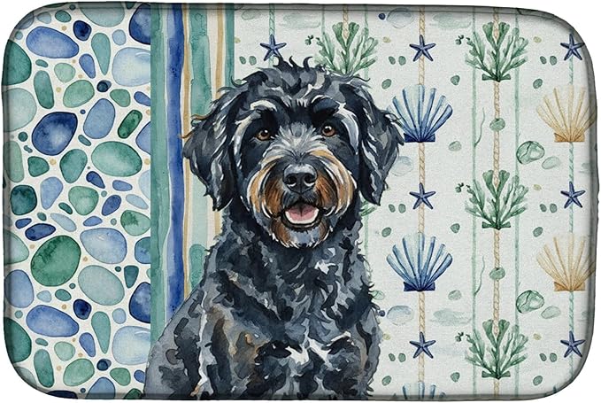 Caroline's Treasures Black Portuguese Water Dog Coastal Sea Glass Dish Drying Mat Absorbent Dish Drying Mat Pad for Kitchen Counter Dish Drainer Mat for Countertop 14 x 21 Multicolor