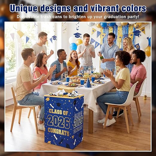 Tinlade 6 Pack 2026 Blue and Gold Graduation Decoration 13 Gallon Disposable Trash Cans Class of 2026 Party Garbage Bins Large Waterproof Foldable Recycle Pop up Bins for Graduation Party School