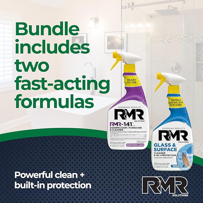 RMR Defend &amp Detail Duo – RMR-141 EPA Registered Mold &amp Mildew Spray + Glass &amp Surface Cleaner/Repellent 2-Step Clean &amp Protect System for Glass Tile Bathrooms Surfaces 2–32 Oz Bo