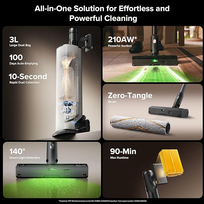 roborock H60 Hub Ultra Cordless Vacuum Cleaner with Auto-Empty Dock 210AW Suction Stick Vacuum Cleaners for Home and Pet Hair Rechargeable 90-Min Runtime Anti-Tangle Brush 140° LED Dust Detection