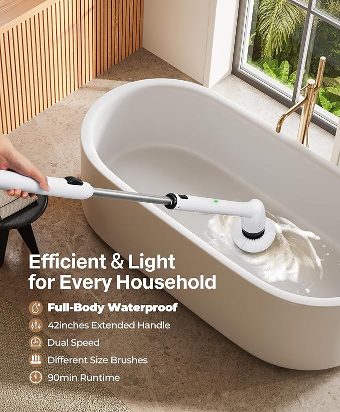 LyriFine Electric Spin Scrubber New Full-Body IPX7 Waterproof Bathroom Cleaner Brush Shower Scrubber with Long Handle &amp 2 Speed Heads Replacement Cleaning Supplies for Tub Shower Tile Floor