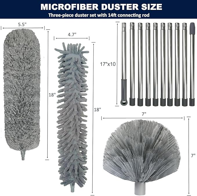 20+ Feet High Reach Duster Kit with 3-14 ft Extension Pole for Cleaning Fan Spider Web High Ceiling Blinds Furniture Cars - Cobweb Microfiber Duster // Outdoor &amp Indoor Extendable Duster