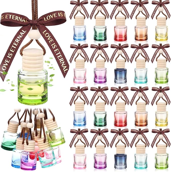 Mudder 50 Pcs Gradient Hanging Car Air Freshener Empty Clear Glass Diffuser Bottles for Essential Oils Perfume Pendant for Women Guests Wedding Favors Employee Appreciation Gifts(CylinderColorful)