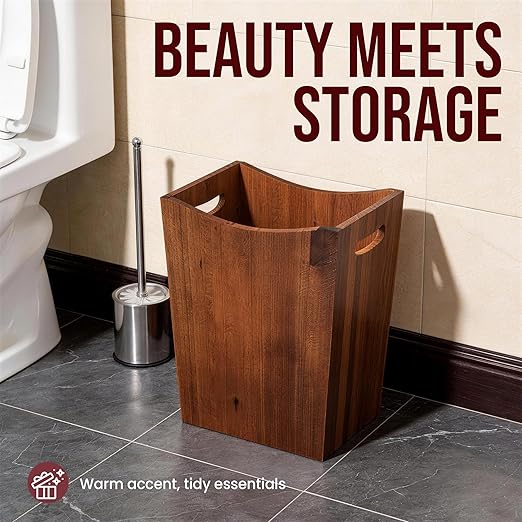 Wood Waste Basket 2 Gallon Rectangular Trash Can with Handles Water-Resistant Lacquer Finish Compact for Bathroom Bedroom Office