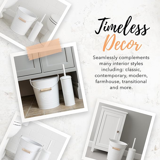 Autumn Alley Rustic Farmhouse White Bathroom Trash Can and Toilet Brush Set – Bathroom Accessories for Modern Farmhouse Charm White Trash Can with Toilet Brush and Holder 2 Gal. Capacity