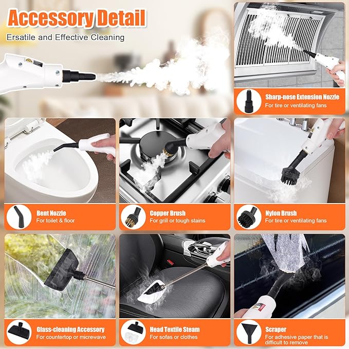 2500W High Pressure Steam Cleaner with One-Button Adjustment 15 in 1 Handheld Steam Cleaner for Home Multi-Purpose Portable Steamer for Car Detailing/Grout/Floor/Tile Dirt Remover Cleaning Tool