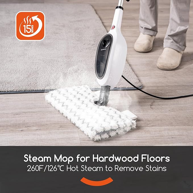 Steam Mop with Attachments/Pad 2PCSUnique Double-Sided Flip Design - 260°F/126°C High Temperature Deep Cleaning Floor Steamer for Kitchen Living Room Wood Floor Tile Cleaning