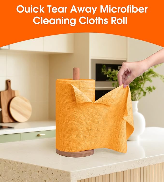 Microfiber Cleaning Cloth Roll–100 Pack Tear Away Microfiber Towels Reusable Washable Scratch-Free Kitchen Towels for Car Home Kitchen Glass Dishes(Tangerine Yellow)