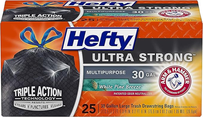 Hefty Ultra Strong Multipurpose Trash Bags Black Large Flexible Bags with Drawstring White Pine Breeze Scent 30 Gallon Bags 25 CT Bags Per Pack (Pack of 8)