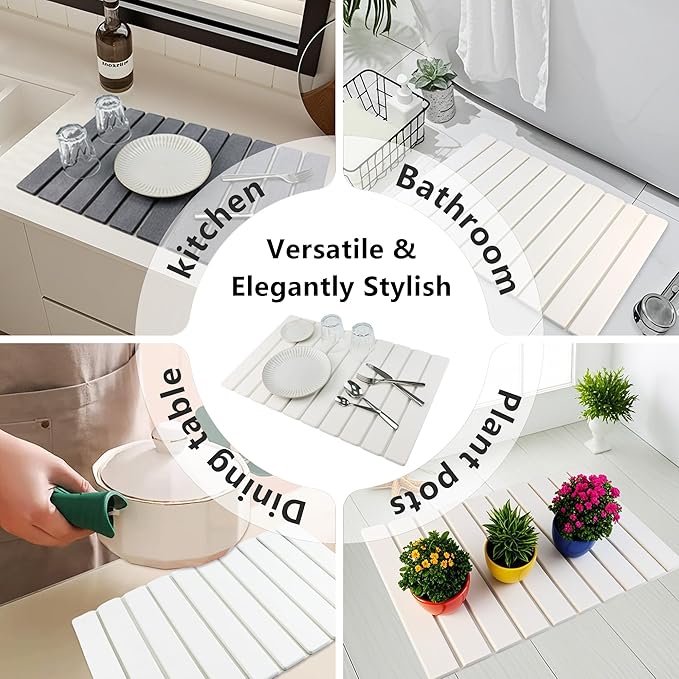 Large Stone Drying Mat for Kitchen Counter Diatomaceous Earth Collapsible 24”（L）*16”（W）Super Heat Resistant Mats Quick Absorbent Dish Drying Rack（Light Gray）